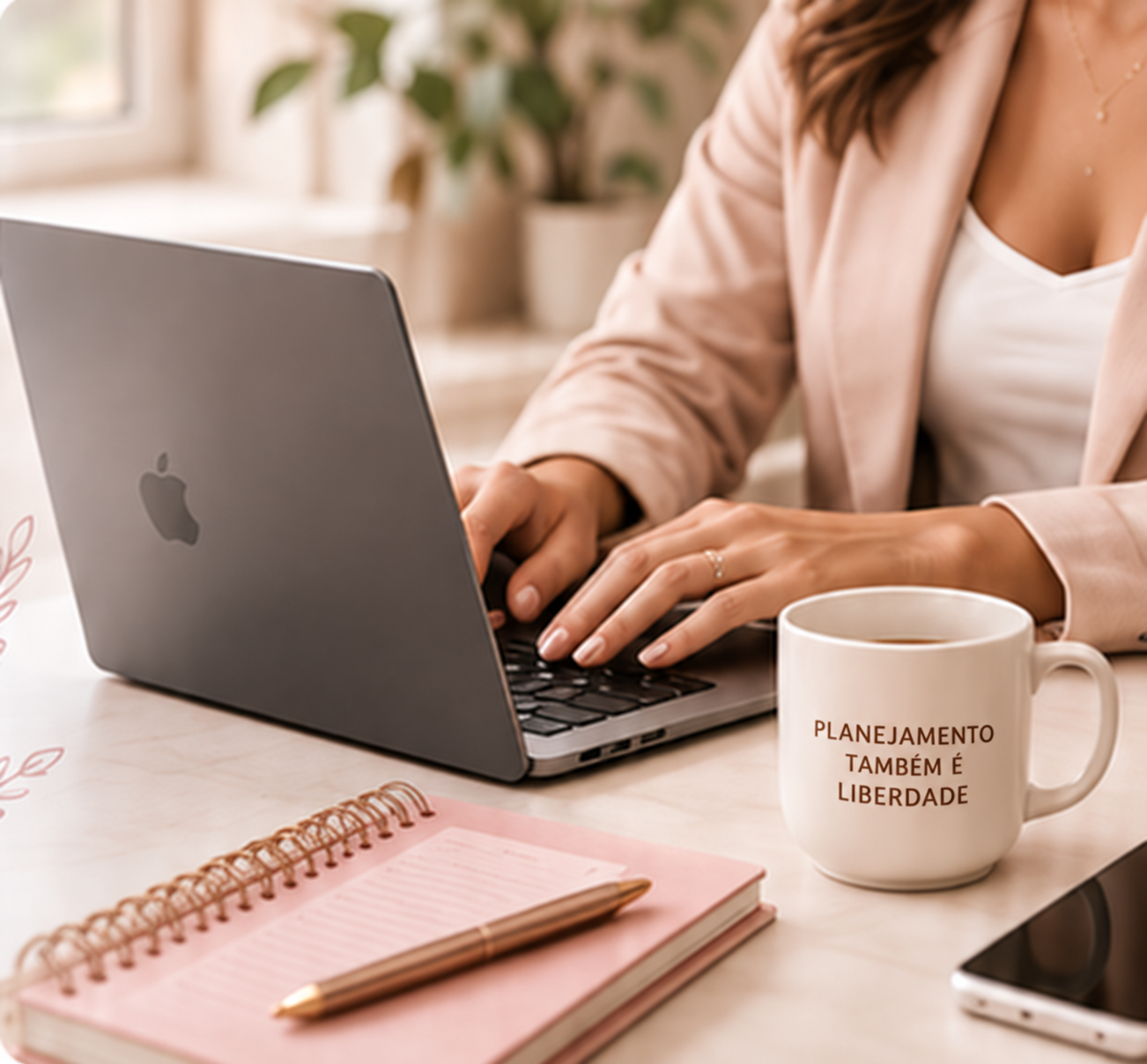 Mesa de trabalho com notebook, caderno rosa e caneca com a frase: planejamento também é liberdade